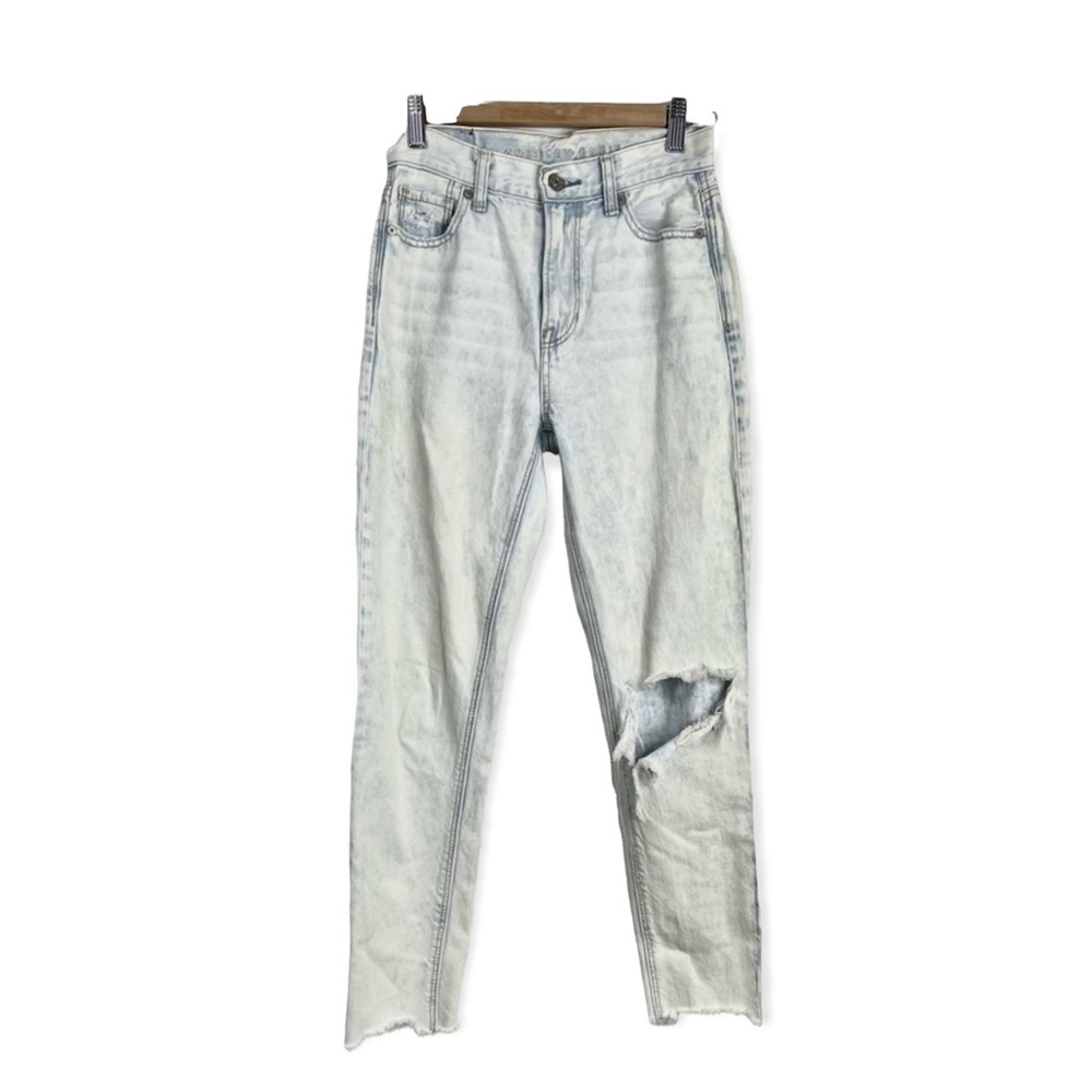 AEO Light Acid Wash Destroyed High Rise Mom Jeans